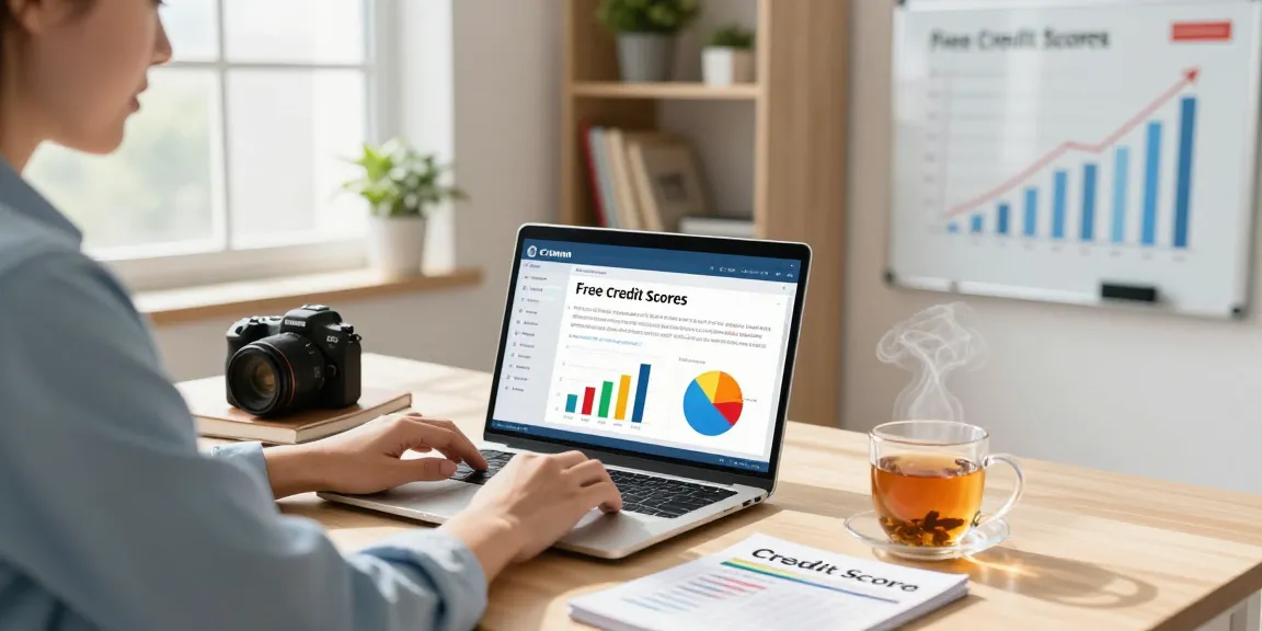 Individual assessing free credit scores on a laptop in a bright home office.
