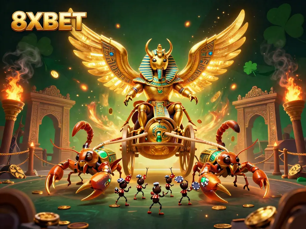 Experience 8XBET with thrilling 3D casino elements featuring a golden scarab and scorpions.