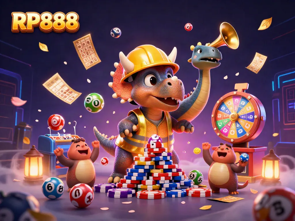 Engaging RP888 scene featuring animated dinosaurs celebrating around vibrant gaming elements.