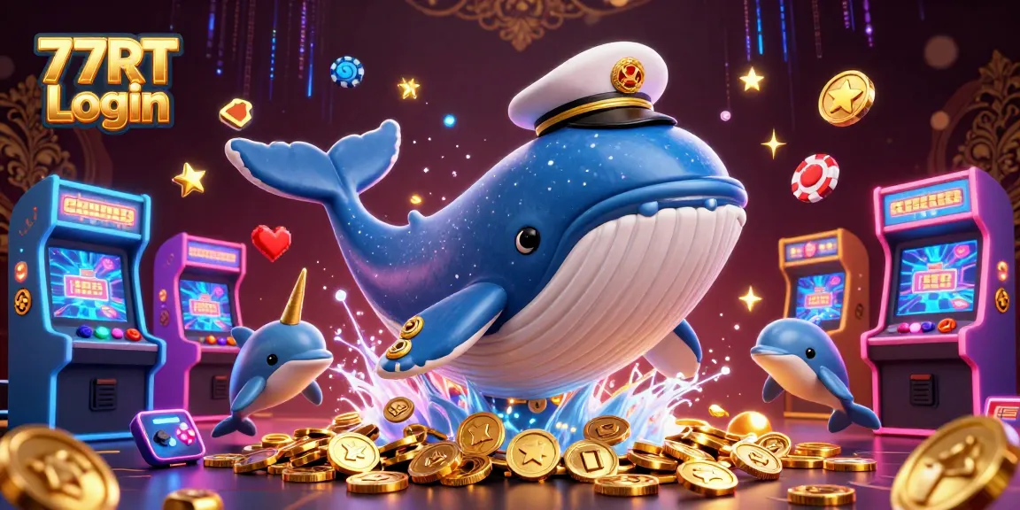 Engage in thrilling adventures with 77RT Login, witnessing a spectacular scene of playful casino-themed characters.