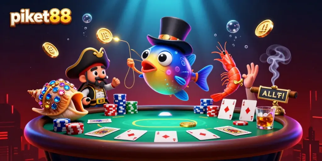 Win big at piket88, featuring a cartoon anglerfish, pirate shrimp, and gemstone snail in a lively casino scene.