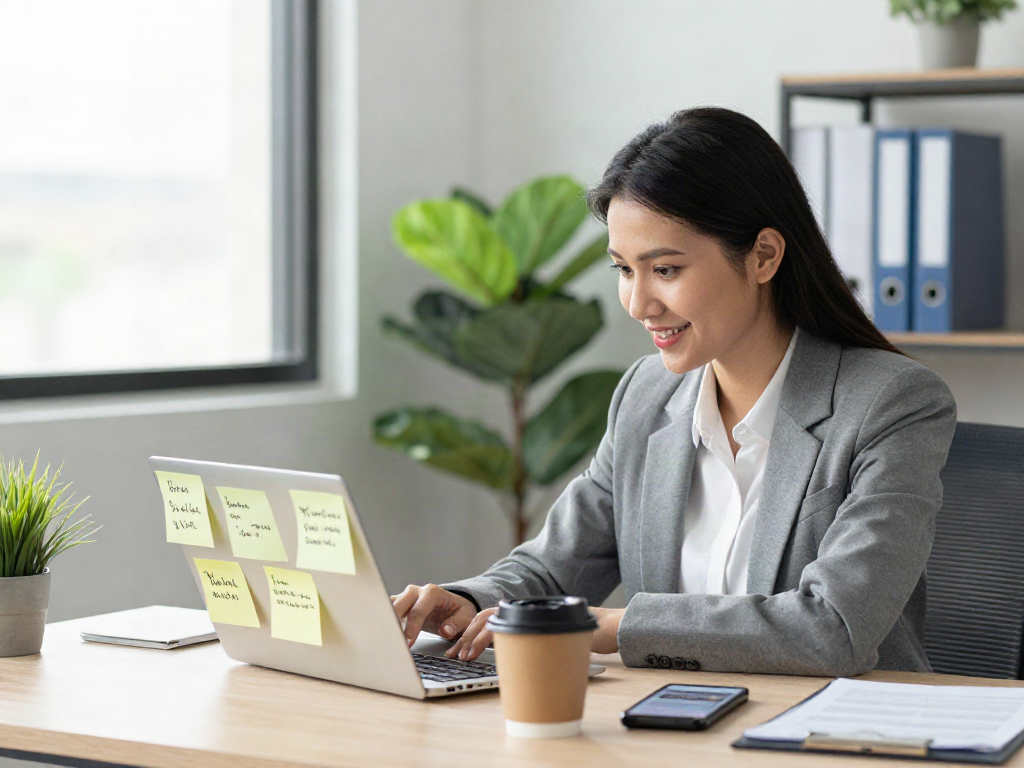 Job seeker actively searching for หางาน opportunities in a bright office.