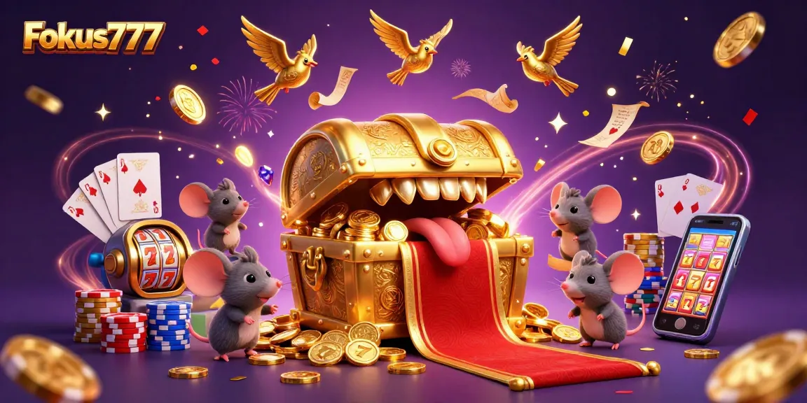 Win big with Fokus777, featuring treasure chests, coins, and slot machine excitement.