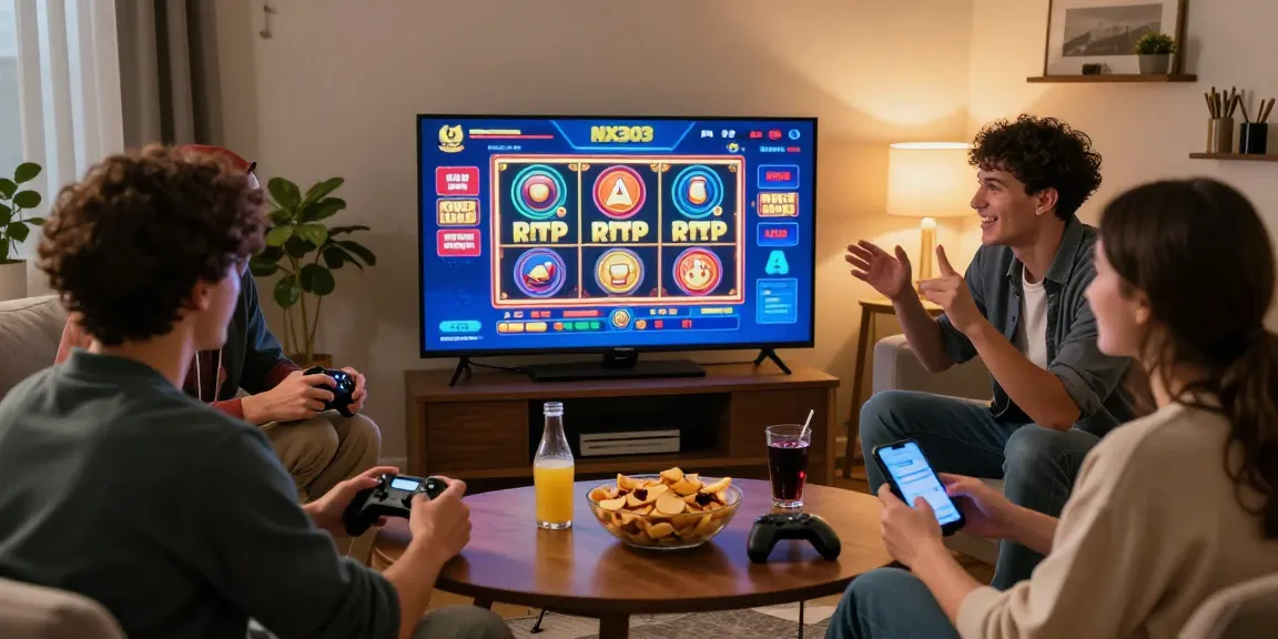 Group enjoying NX303 online slot gaming with vibrant screens and snacks in cozy living room